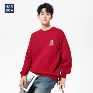 hansca重磅350g圆领印花加绒卫衣男冬季2025新款宽松保暖套头上衣