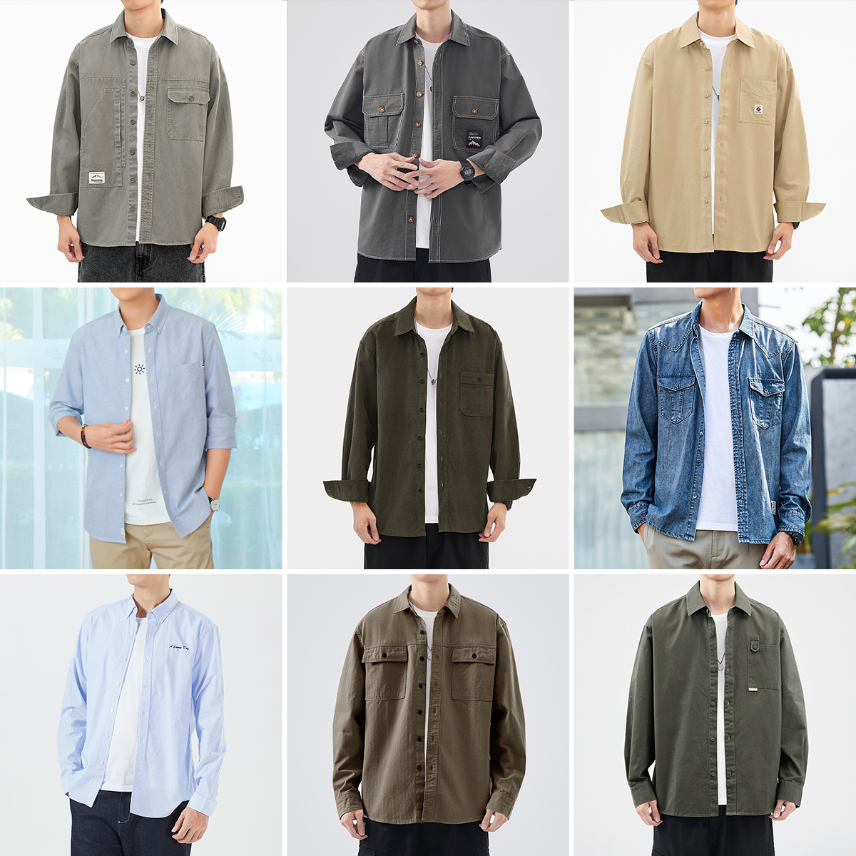 hansca美式复古工装长袖衬衫男