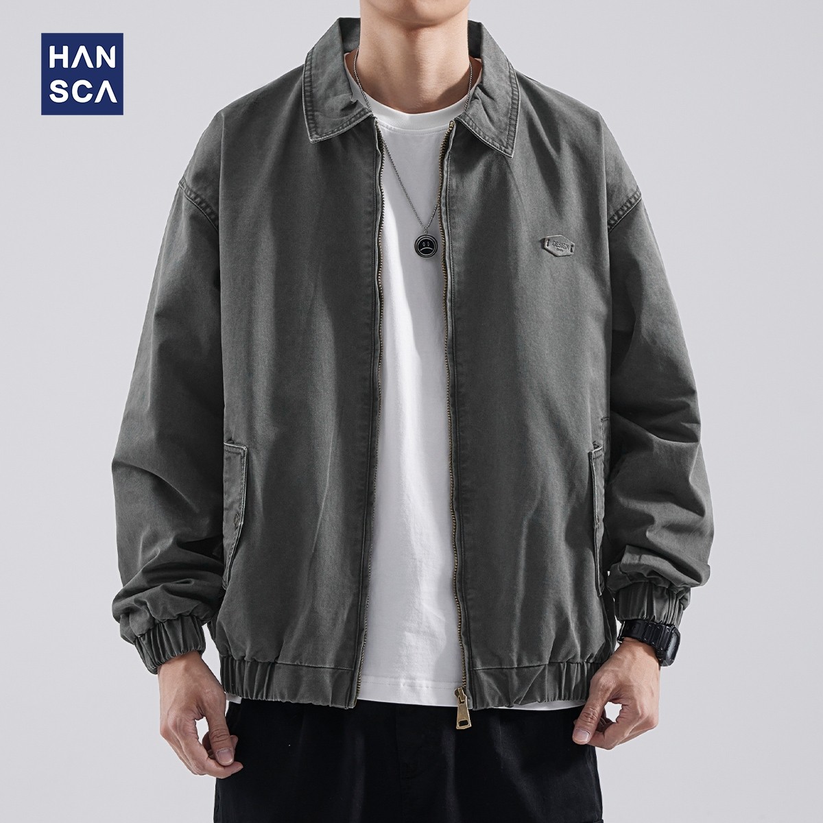 hansca秋冬季复古工装外套男士2024新款宽松飞行员夹克休闲上衣潮