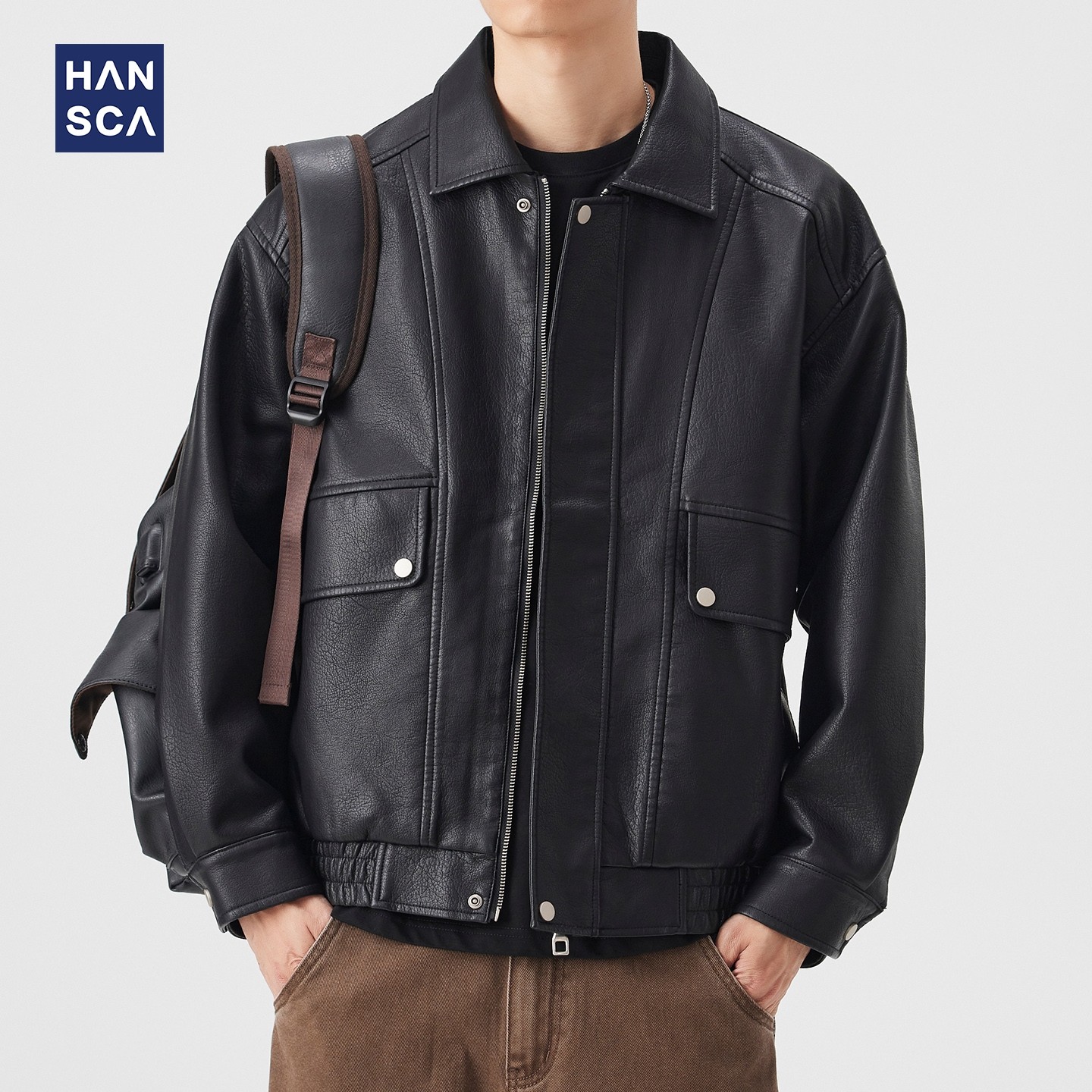 hansca秋季黑色皮衣外套男美式复古宽松翻领工装口袋2025新款夹克,男装,夹克,淘宝优惠券,粉丝福利购,淘宝优惠卷