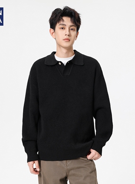 hansca660g复古海鸥翻领毛衣男秋季高级感宽松保暖黑色打底针织衫