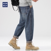 男春秋季 新款 青少年复古美式 hansca蓝色牛仔裤 休闲宽松直筒长裤 子