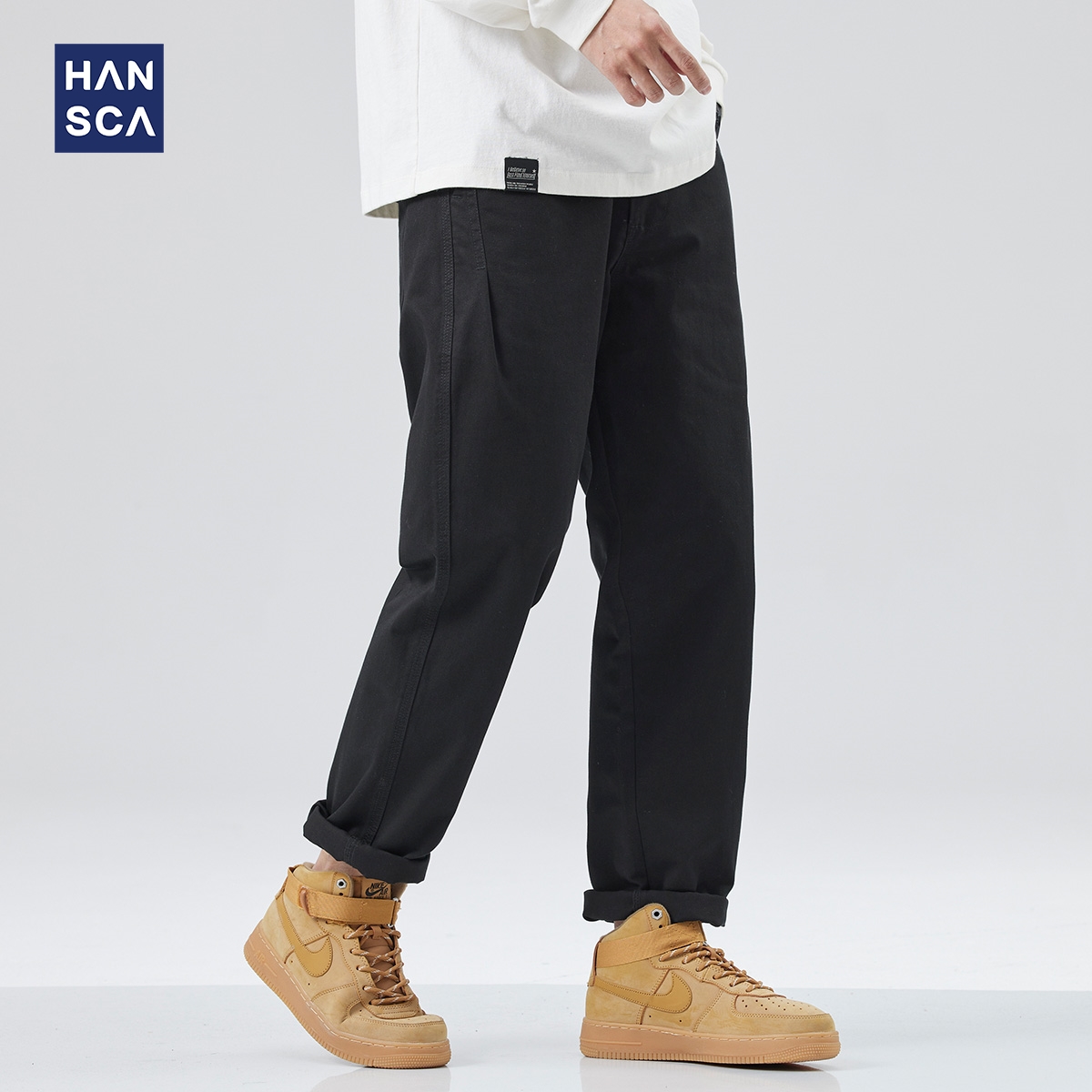 hansca黑色运动休闲裤男青少年春季简约纯色宽松直筒水洗工装裤子