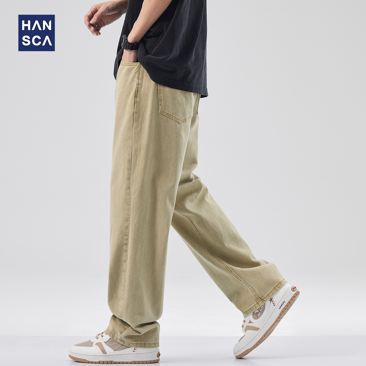 hansca日系复古直筒宽松牛仔裤男
