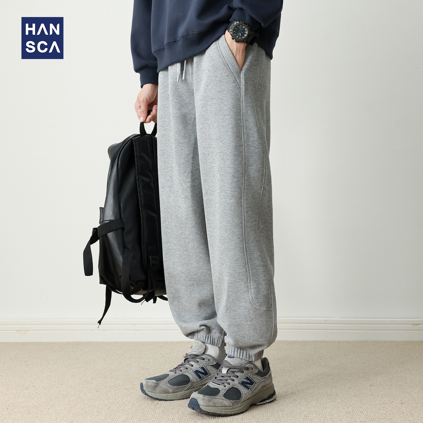 hansca380g法国罗纹复合仿棉丝束脚卫裤男秋季宽松运动抽绳休闲裤