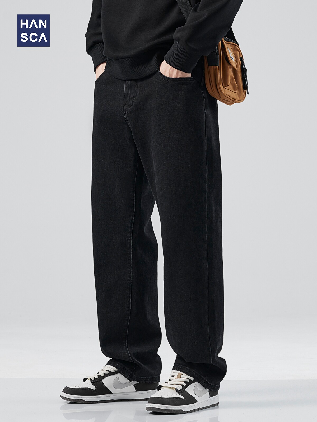 hansca黑色复古弹力牛仔裤男款2025春秋季美式水洗宽松直筒休闲裤