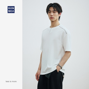 夏季 t恤男士 宽松透气休闲白色上衣 复古亨利领短袖 hansca220g美式
