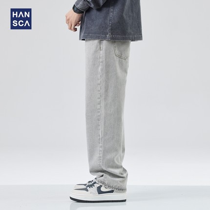 hansca牛仔裤男春季美式高街潮牌复古水洗直筒宽松青少年痞帅长裤