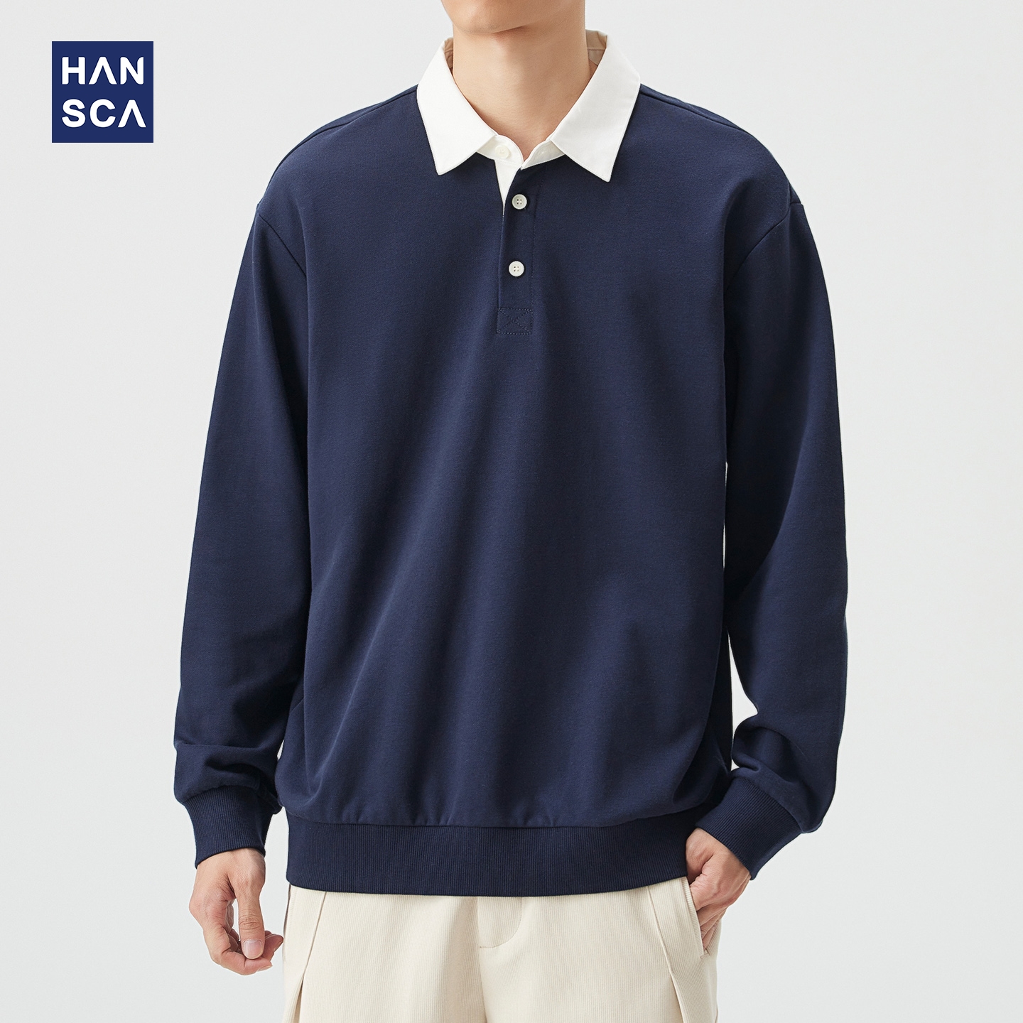 hansca复古撞色polo翻领卫衣男
