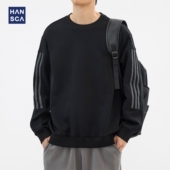hansca条纹拼接圆领加绒卫衣男2024新款 秋冬加厚潮牌休闲长袖 上衣
