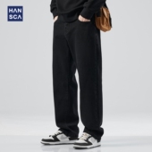 加绒加厚宽松直筒休闲长裤 hansca黑色复古弹力牛仔裤 男2025秋冬季