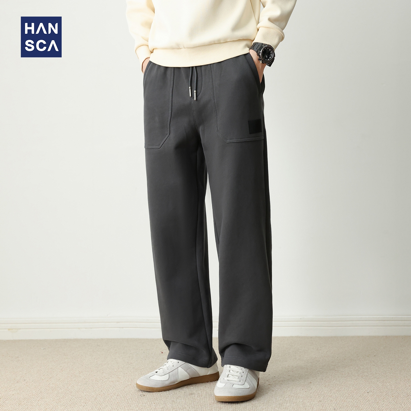 hansca475g重磅恒温暖皮加绒直筒卫裤男秋冬季宽松抽绳贴布休闲裤