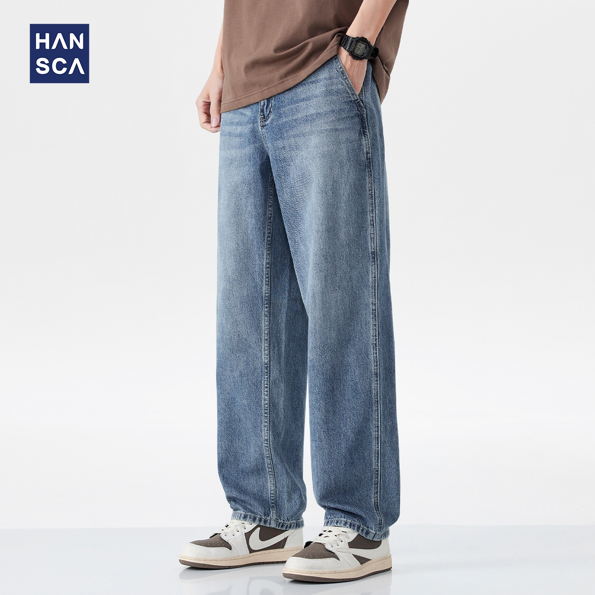 hansca水洗做旧宽松牛仔裤男春季