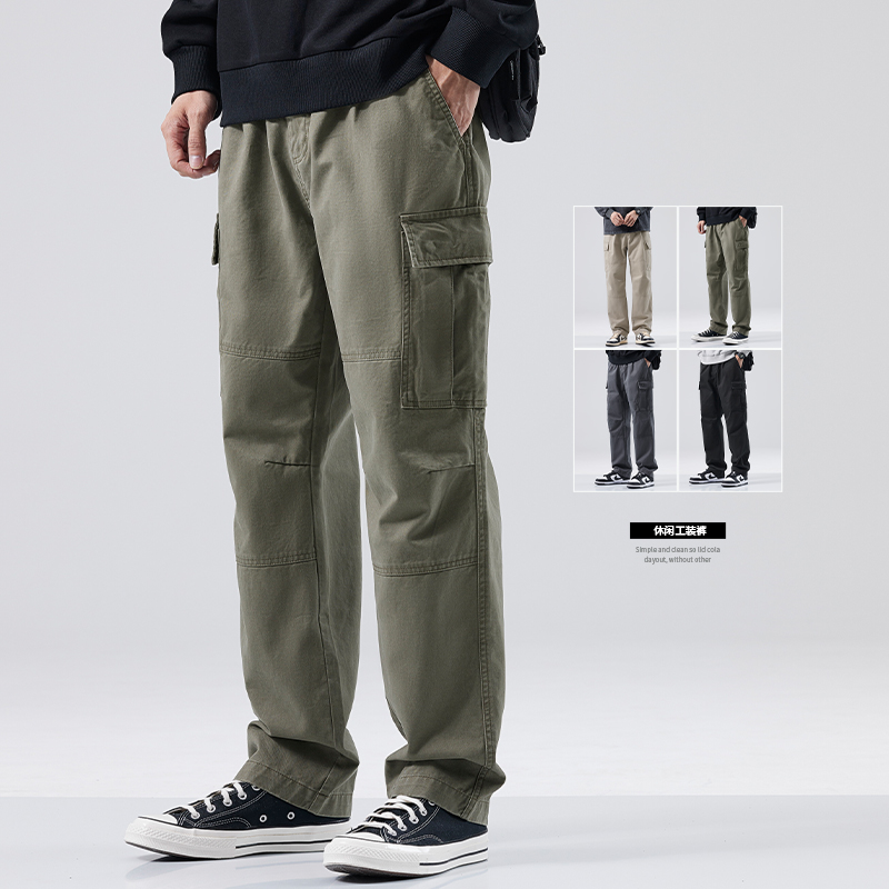 hansca秋季新款工装裤男士潮牌直筒休闲裤宽松大码纯棉运动长裤子
