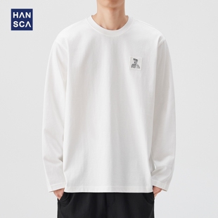 2025新款 t恤男秋季 宽松纯棉刺绣白色上衣 260g重磅圆领长袖 hansca