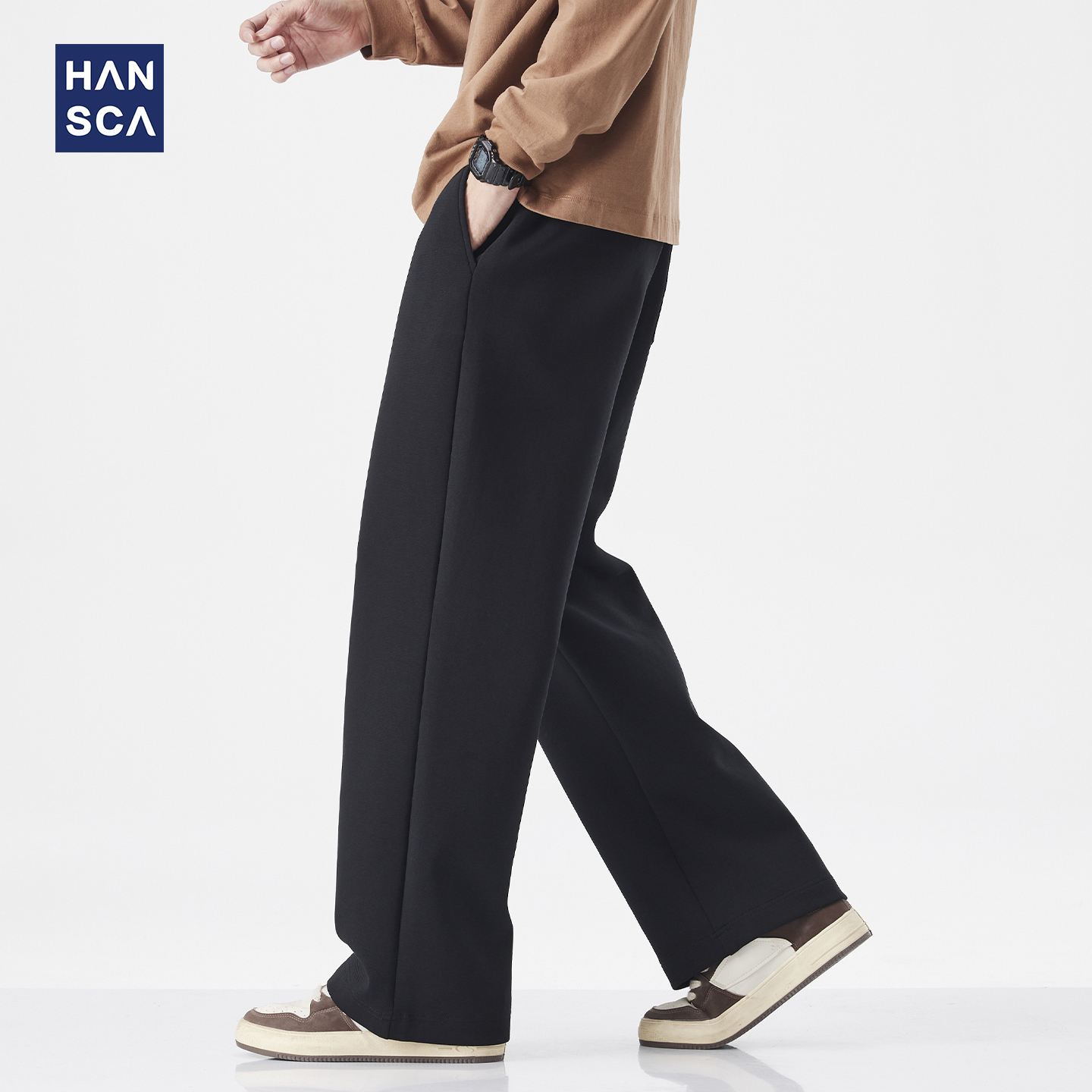 hansca秋季宽松直筒黑色抽绳卫裤