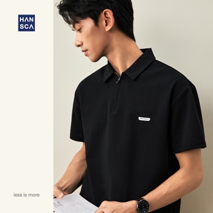 hansca老钱风半拉链刺绣短袖polo衫男春夏季宽松翻领黑色休闲上衣