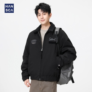 hansca美式复古翻领夹克羽绒服男冬季90白鸭绒宽松双层领印花外套