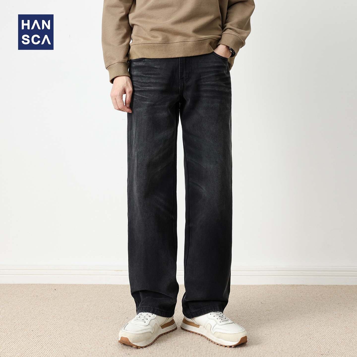 hansca479g重磅黑色水洗直筒牛仔裤2025男秋季青少年阔腿宽松长裤