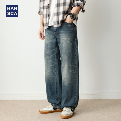 复古牛仔裤男宽松直筒深蓝色