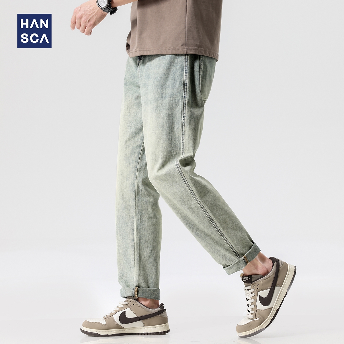 hansca后袋云纹设计直筒牛仔裤男