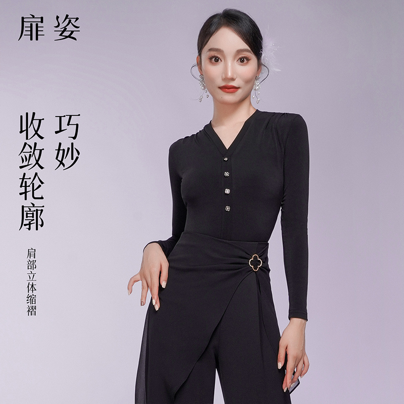 扉姿 新款秋冬摩登舞服女连体衣练功服交谊舞洋气拉丁舞上衣F1234