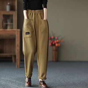 2026春季新款宽松复古加绒加厚口袋休闲裤卫裤女士春秋哈伦裤长裤