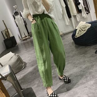 亚麻哈伦裤女春夏新款宽松显瘦松紧口袋高腰阔腿裤棉麻休闲九分裤