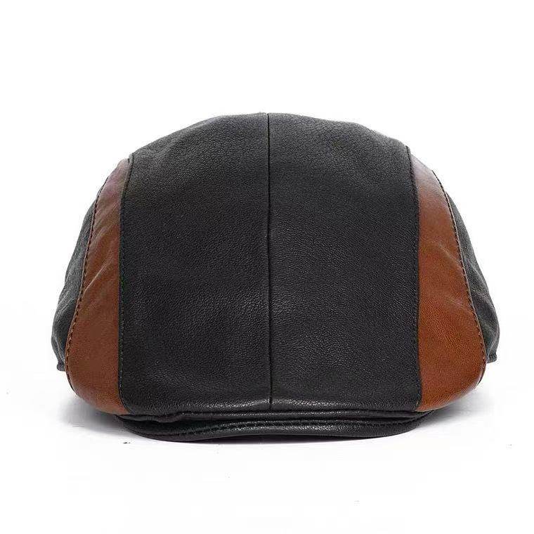 复古真皮羊皮鸭舌帽男女青年秋冬休闲前进帽中老年拼色帽子贝雷帽