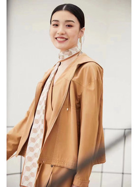 3.8节 福利款 GD柞蚕丝焦糖色连帽真丝短风衣外套