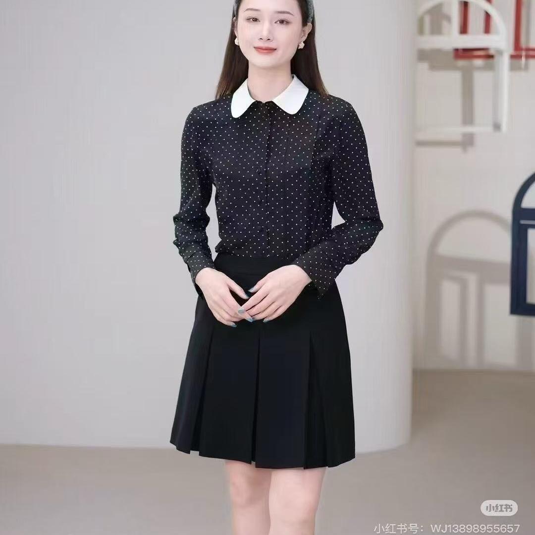 现货  春夏新款真丝双绉黑底白点印花衬衫