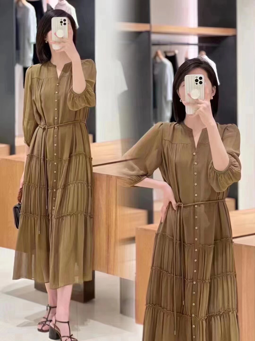 现货 顺纡绉花式上衣+鱼尾半裙双层+顺纡抽褶连衣裙