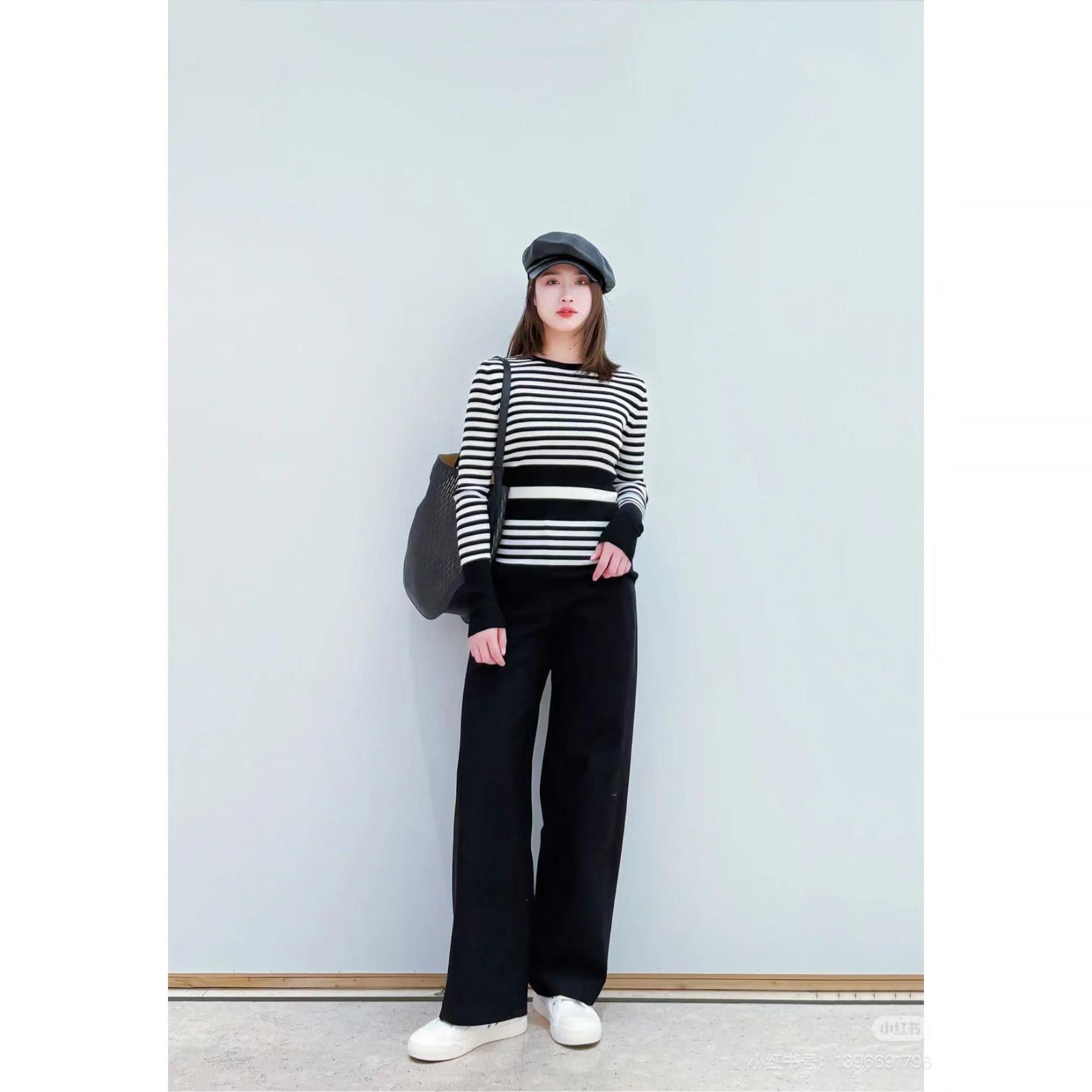 现货 25春季新款易搭理细支羊毛条纹针织开衫+全棉斜纹针织阔腿裤