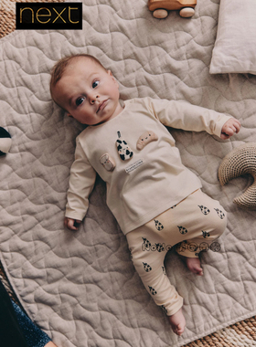 代购英国Next婴儿米色立体面包牛奶长袖T恤全棉大PP裤套装W41-016