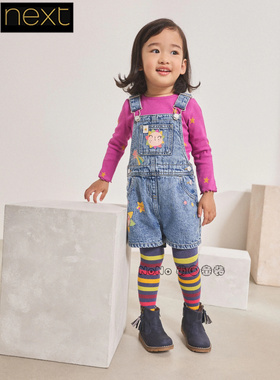 英国Next正品女童紫色长袖T恤牛仔背带裤连裤袜卡通套装AM5-976