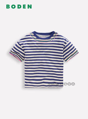 代购英国Mini BODEN女童蓝色条纹刺绣短袖T恤全棉2-14岁新款G5890