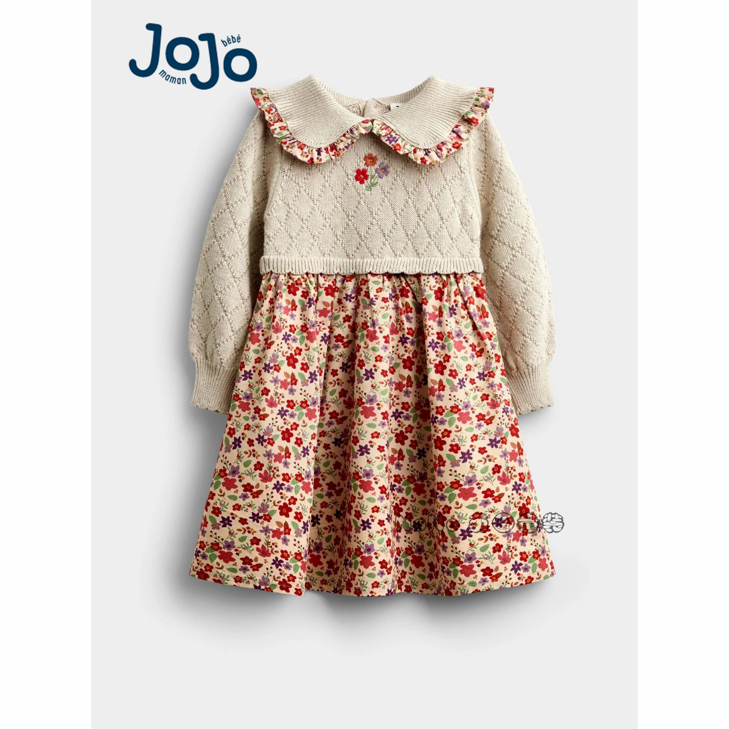 英国JoJo Maman Bebe女童娃娃领樱桃碎花毛衣长袖连衣裙Y54-488