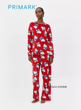 代购英国Primark女款成人大童红色kitty长袖家居服睡衣裤新款