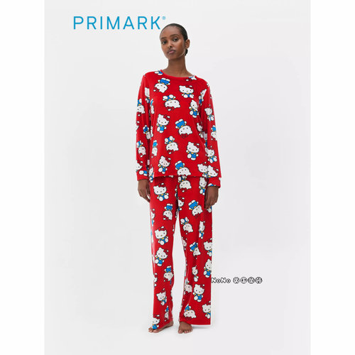 代购英国Primark女款成人大童红色kitty长袖家居服睡衣裤新款