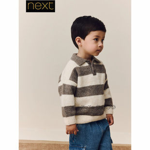 英国Next正品代购男童灰白色条纹翻领POLO针织衫毛衣1-7岁F02-901