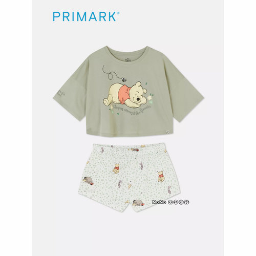 现货英国Primark女款成人大童维尼小熊绿色短袖家居服睡衣裤纯棉