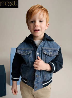 Next英国正品代购男中小大童蓝色牛仔外套休闲连帽夹克Q61-744