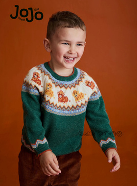 英国JoJo Maman Bebe男童绿色牦牛费尔岛毛衣针织衫羊毛F49-185