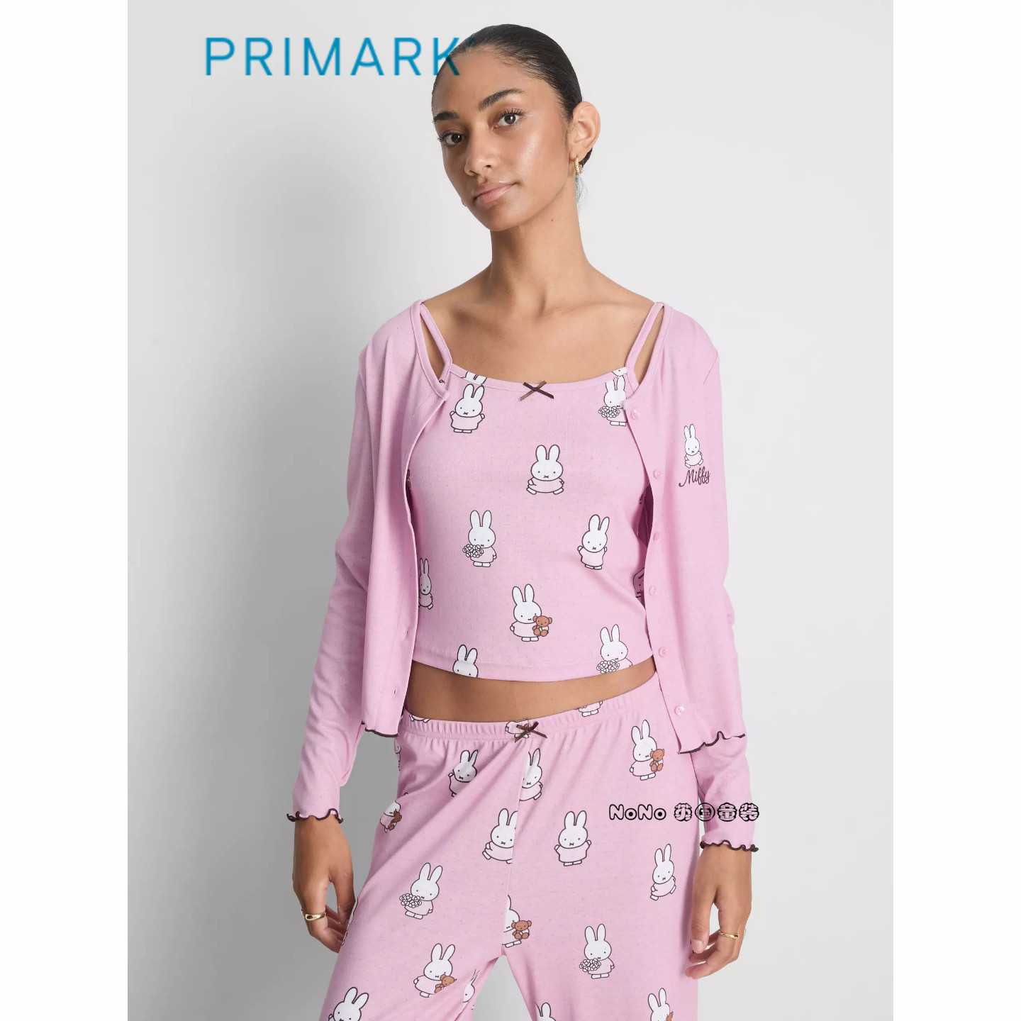 英国Primark女款成人大童粉色米菲兔开衫吊带家居服睡衣裤2306
