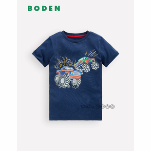 代购英国Mini BODEN男童夜光蓝色汽车怪兽短袖T恤全棉2-14岁B3024