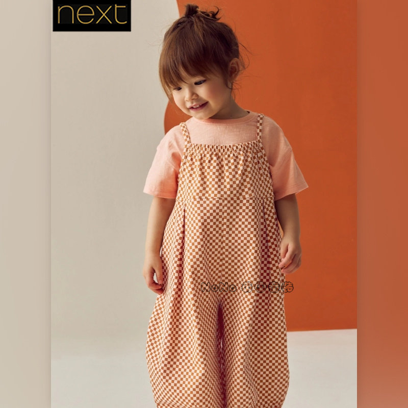 Next英国正品代购女橙色棋盘格背带裤长裤短袖T恤吊带纯棉E51-369
