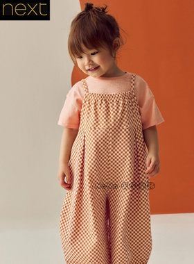 Next英国正品代购女橙色棋盘格背带裤长裤短袖T恤吊带纯棉E51-369
