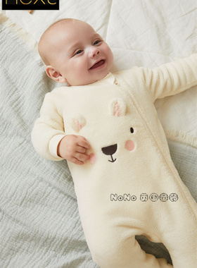 现货英国Next正品婴儿乳白色抓绒连体衣长爬睡衣小熊保暖D67-103