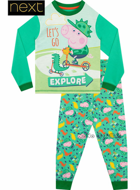 英国Next男童绿色小猪佩奇恐龙家居服睡衣秋裤1-6岁柔软N13-982