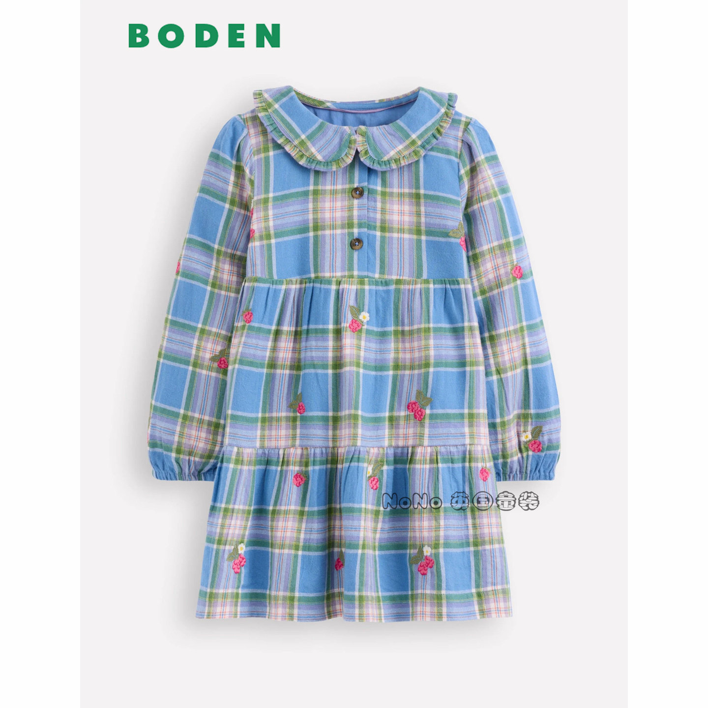 英国Mini Boden女童蓝色格子碎花刺绣长袖连衣裙纯棉娃娃领G5594